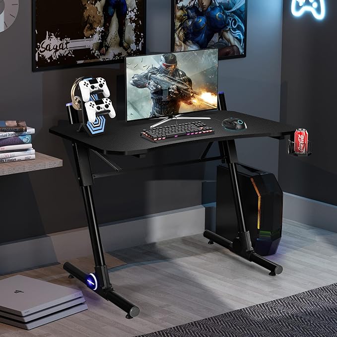 Tangkula Gaming Desk Height Adjustable Computer Desk w/Blue LED Lights Gaming Handle Rack &amp Cup Holder Z-Shaped Ergonomic Home Office Gamer Desk w/Carbon Fiber Texture (Black)