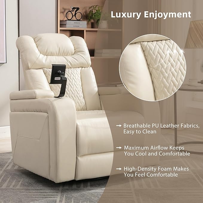 270 Degree Swivel Chair PU Leather Power Recliner Individual Seat with Comforable Backrest Tray Table Phone Holder Cup Holder USB Port Hidden Arm Storage for Living Room Home Theater White
