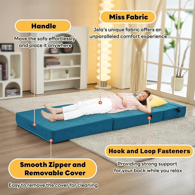 jela Foldable Sofa Bed Convertible Sleeper Lounge Chair Floor Mattress Floor Couch with Backrest Fold Out Futon with Washable Miss Fabric Cover for Guest Room Living Room (83x33Teal)