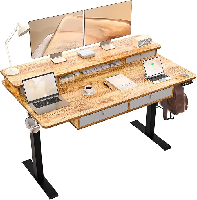 55 * 30 Inches Electric Standing Widened Desk Adjustable Height with 4 Drawers Double Storage Shelves Stand Up Desk Home Office Workstation Sit Stand up Desk (Light Rustic Brown)
