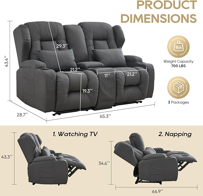 IPKIG 65 Loveseat Recliner Sofa - 2 Seater Reclining Sofa with Storge Console Side Pockets Cup Holders and Lumbar Pillows Manual Recliner Chair (Grey 65 Loveseat)