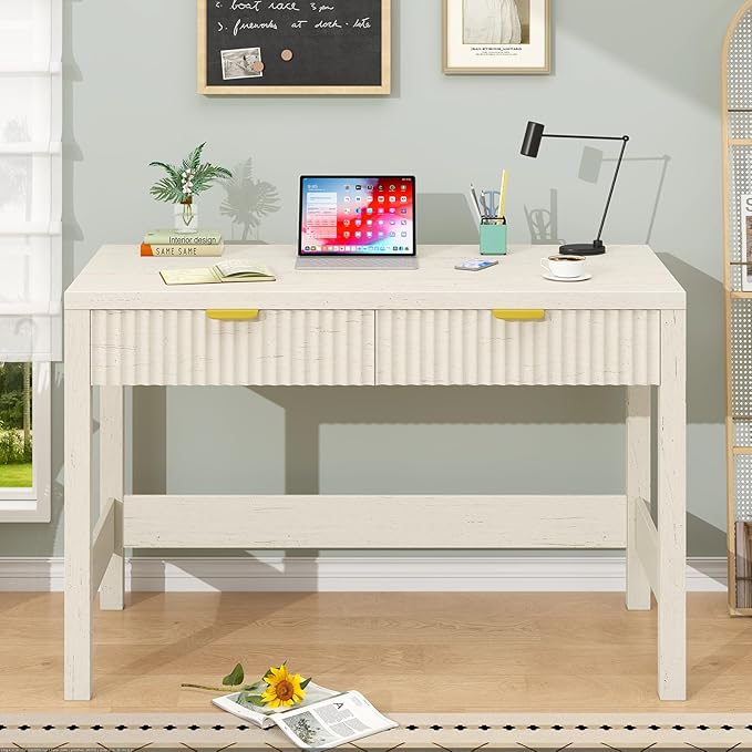 Fluted Computer Desk with 2 Drawers 39 Inch Small Computer Desk with Storage Compact Writing Study Vanity Desk for Small Spaces White