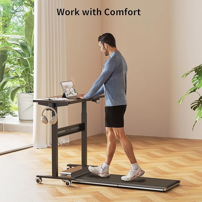 Mobile Standing Desk with Wheels 32 inch Pneumatic Height Adjustable Desk for Walking Pad Small Rolling Computer Workstation Portable Sit Stand Desk for Home Office 28-43 Tall Mahogany