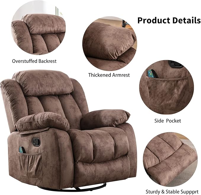 CANMOV Massage Rocker Recliner with Heat and Vibration 360 Degree Swivel Manual Antiskid Fabric Single Sofa Heavy Duty Reclining Chair for Living Room Dark Brown