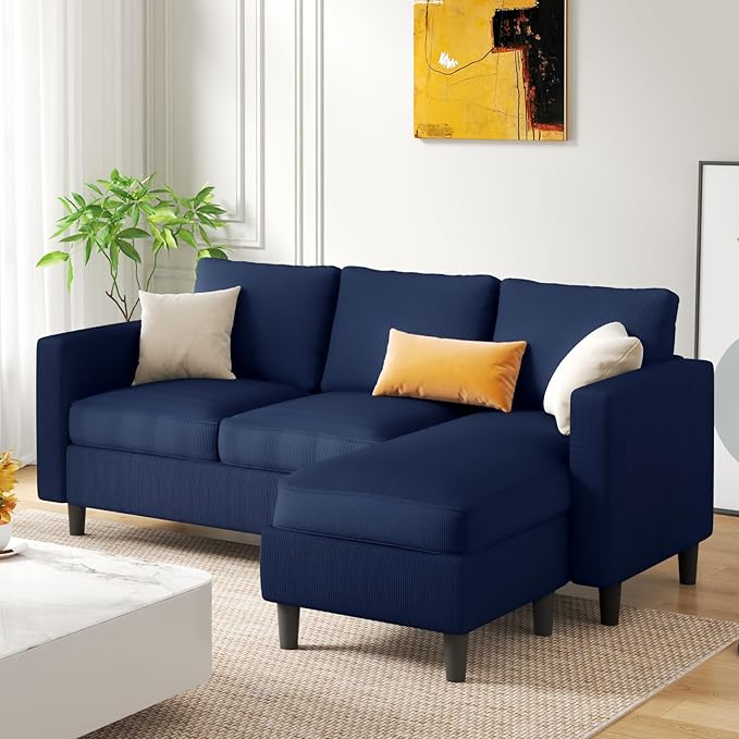 JAMFLY 3-Seat Convertible L-Shaped Sectional Sofa with Reversible Ottoman Upholstered Fabric Couch for Small Living Rooms Modern Modular Couch for Apartment Studio &amp Loft Blue