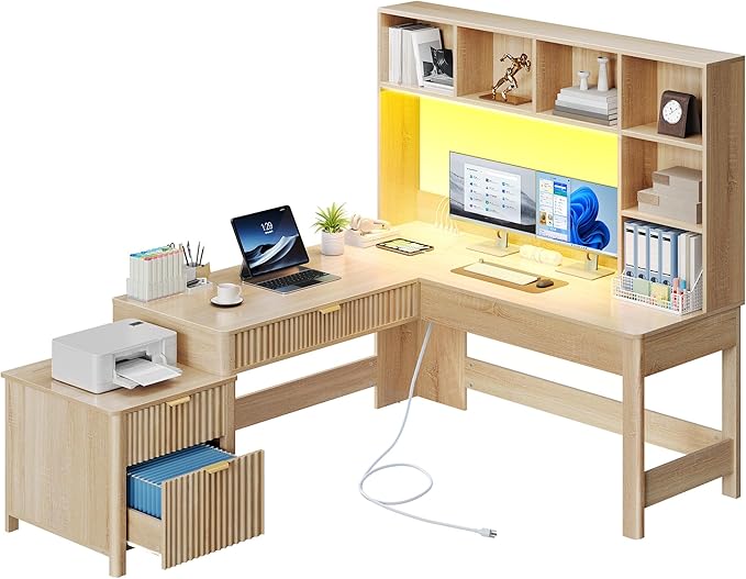 YITAHOME L Shaped Desk with Hutch and Drawers 67 Computer Desk Gaming Desk with Power Outlets &amp LED Lights Wood Home Office Desk with Printer Stand Fluted Sturdy Writing Workstation Natural O