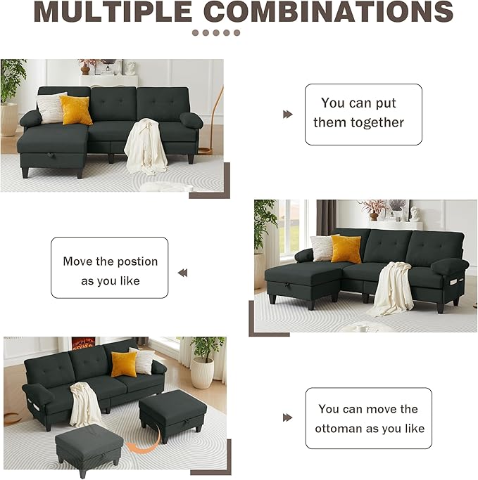 84 Convertible Sectional Sofa Modern Linen Fabric Small L Shaped Couch with Reversible Chaise 3-Seat Sofa Couches for Living Room Apartment and Small SpaceBlack