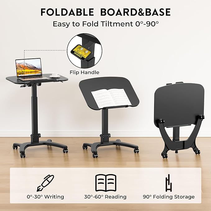 BONTEC Mobile Foldable Standing Desk Portable Adjustable Height Desk with Gas Spring Small Rolling Laptop Desk with Wheels for Home Office Bedroom and Medical Use 25.6 x 19.7 Desktop Black