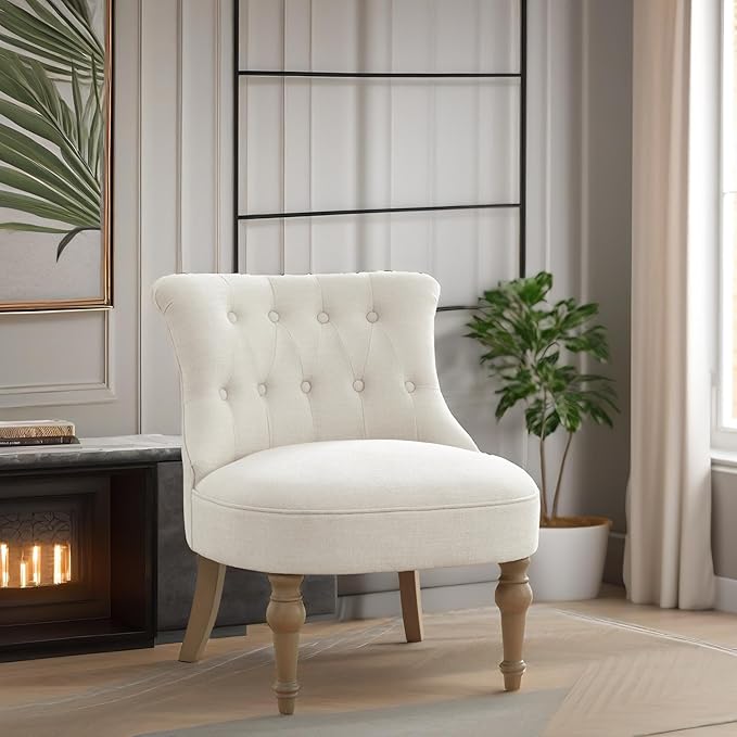 Living Room Chairs Armless Accent Chair Comfy Tufted Bedroom Chair Upholstered Chair with Wooden Legs for Reading Room Reception Apartments and Dormitories (Beige)