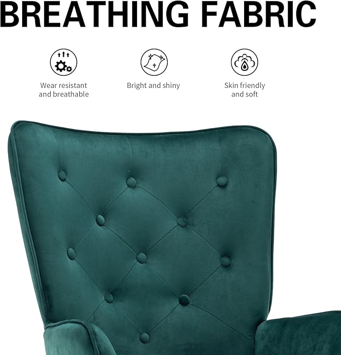 UNICOO - High Wingback Living Room Chairs Vintage Button Wingback Chair Velvet Side Chair Leisure Chair Wingback Reading Chair for Living Room Bedroom Waiting Room (Dark Green)