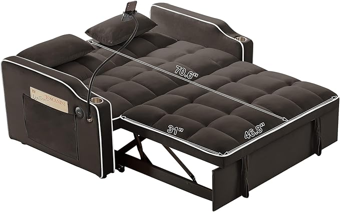 3-in-1 Convertible Loveseat Sleeper Sofa with Cup Holders &amp Phone Holder Futon Couch with Pull Out Bed and Adjustable Backrest Modern Velvet Chaise Lounge for Living Room Bedroom (Brown 54.7)