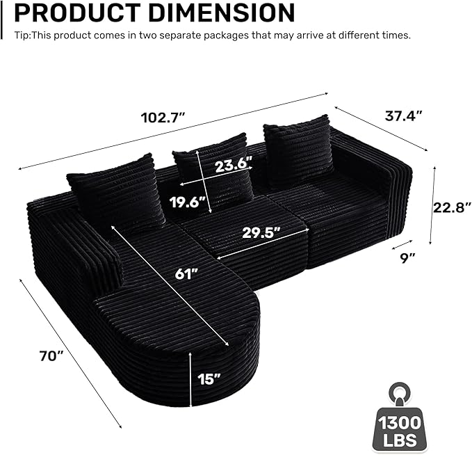Boneless Cloud Couch Modular Sectional Sofa L-Shape with Chaise 102 Soft Faux Fur Deep Seat &amp 3 Pillows &amp 2 Side Pockets for Living Room Bedroom (Black Left Chaise)
