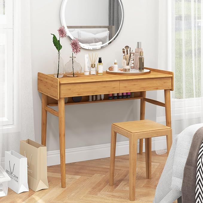 Giantex Computer Desk 39.5 Bamboo Home Office Desk with 2 Storage Drawers and Open Shelf Makeup Table Vanity Desk Modern Writing Desk Computer Workstation for Bedroom Study Natural