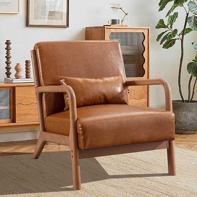 INZOY Mid Century Modern Accent Chair with Wood Frame PU Leather Reading Armchair with Waist Cushion Upholstered Living Room Chairs for Bedroom Sunroom (Camel)