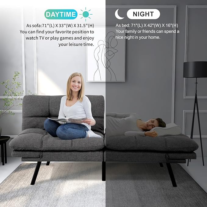 MUUEGM Memory Foam Futon Sofa Bed Adjustable Backrests Armrests Convertible Modern Design Couch for Living Room Apartment Office Small Room 71 Daybed Dark Gray