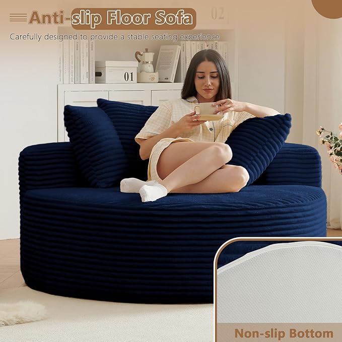 Oversized Round Chair Lounge Chaise Indoor Upholstered Corduroy Deep Seat Cloud Large Circle Sofa Chair No Assembly Required Fluffy Modern Sleeper Sofa Bed for Reading Living Room Dark Blue