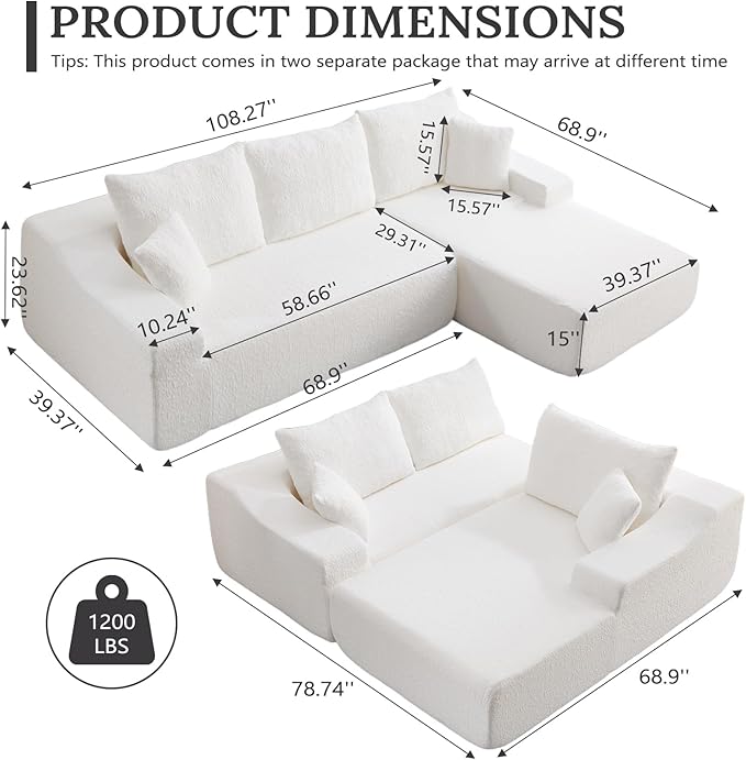 108 L Shaped Boneless Couch with Right Chaise Cloud Sectional Couches with Deep Seat 3 seat modular Sofa Memory Foam Couch with Throw Pillows for Living Room No Assembly Required White