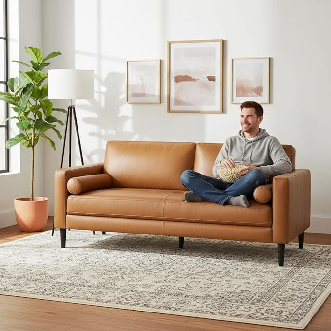 Naomi Home Genuine Leather Sofa - Revel in Exquisite Leather Opulence - Unparalleled Luxury Mid Century Sofa Embodiment of Cozy Lounging and Contemporary Design Tan