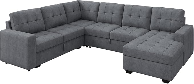 HONBAY Sectional Sleeper Sofa Sleeper Sofa Couch with Storage Chaise Sectional Couch with Pullout Bed for Living Room Bluish Grey