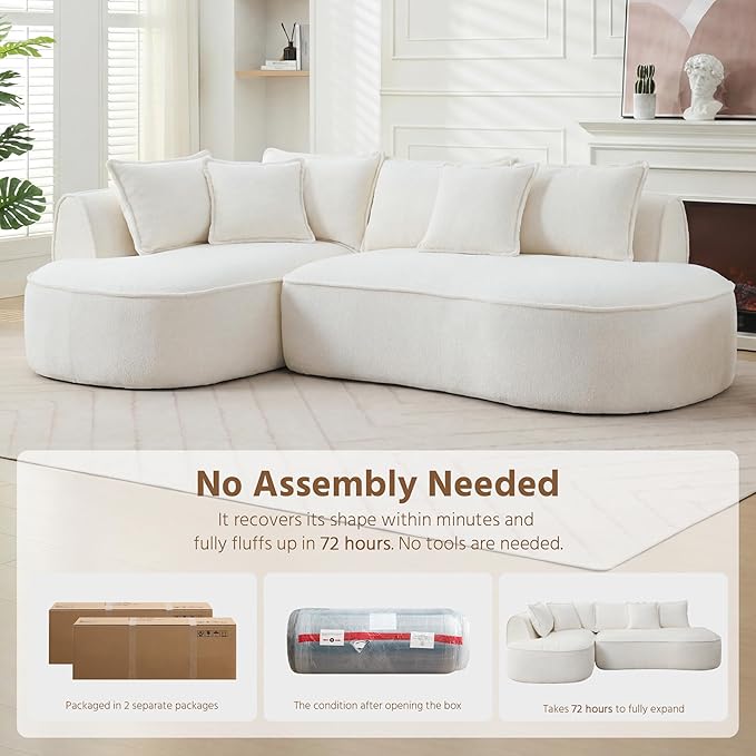 Modern Luxurious Oversized Boneless Couches Sectional Curved Sofa with 6 Pillows L-Shape Boneless Couch with Deep Seat High-Density Memory Foam No Assembly Required Chenille (White)
