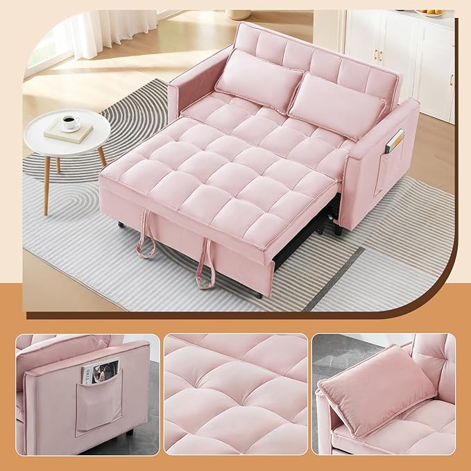 3 in 1 Convertible Sleeper Sofa Bed Modern Velvet Loveseat Pull-Out Couch w/Pullout Bed Small Love Seat Lounge Sofa w/Reclining BackrestToss Pillows Pockets for Living Room (Pink 55.1)