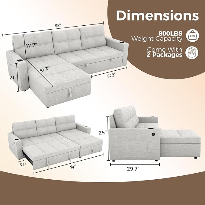 85 Inch Modular Sectional Sleeper Sofa Bed with StorageL Shaped Sectional Couches Bed with Pull Out Couch BedUSB ChargingCup Holders and Side Pocketsfor Living Room/Office/Apartment