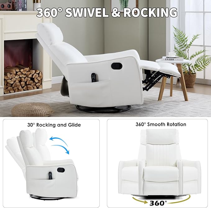Swivel Rocker Recliner Chair 360° Swivel Recliner with Heat and Massage Rocker Recliner Upholstered Fabric Nursery Glider Recliner Chair with Side Pockets for Living Room PU White