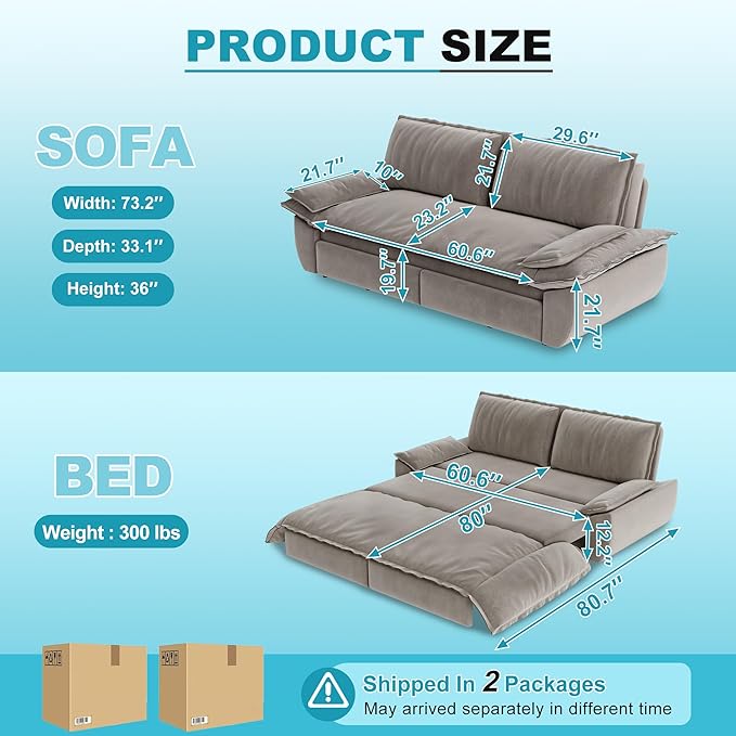 Queen Size Sleeper Sofa Bed 73.2 Inch Pull Out Couch Velvet Loveseat Sofa Bed 3 in 1 Convertible Queen Couch Beds for ApartmentBedroom Living Room Light Gray