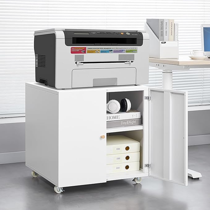Office Furniture Copier Cabinet with Storage 2 Door Steel Mobile File Cabinet Printer Stand with Adjustable Shelf for Home Office (White 19.68 D x 23.62 W x 23.62 H)
