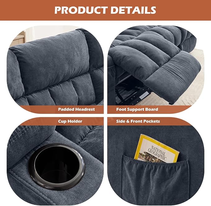 Recliner Sofa with Cup Holders for Living Room 3 Seat Manual Oversized Recliner Chiar with Ergonomic Side Pocket for Adult
