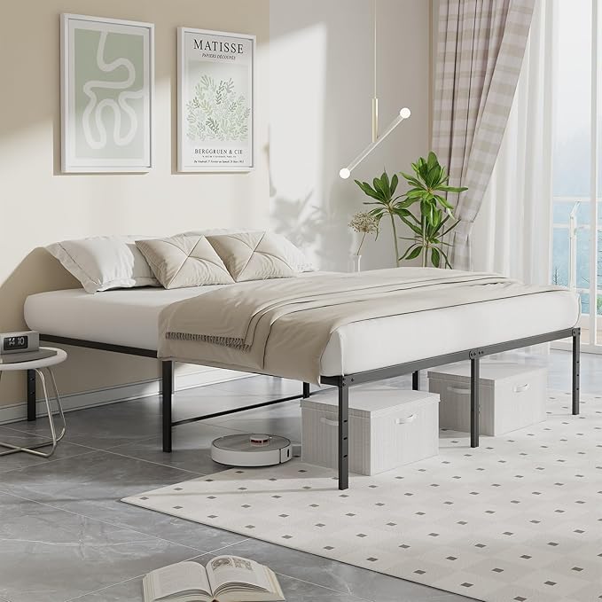 Sweetcrispy Full Size 18 Inch Platform Bed Frame Heavy Duty Metal Foundation Frame Noise-Free Sturdy Steel Slats Underbed Storage No Box Spring Needed Quick Setup