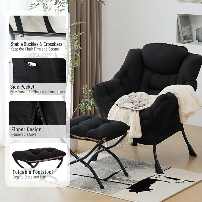 Lazy Chair with Ottoman Modern Accent Chair with Armrests and a Side Pocket Black Accent Chairs Reading Chairs Oversized Armchairs for Bedroom Study Living Room Courtyard
