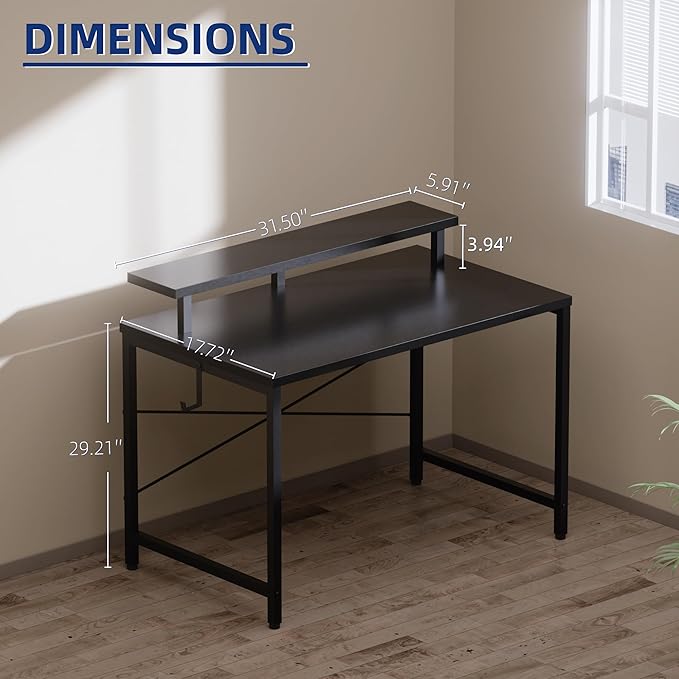 Pamray 32 Inch Small Computer Desk with Monitor Stand Simple Office Desk with Headphone Hook for Small Spaces Kids Study Writing Table for Bedroom Grey
