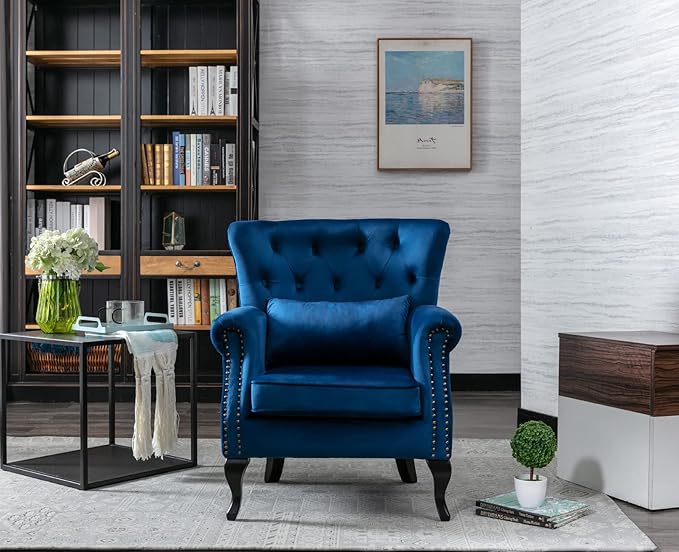 Kmax Velvet Tufted Accent Chair Mid Century Throne Chair Comfy Sofa Chair Padded Seating WingBack Unique Wood Legs Home Club Bedroom Living Room Blue