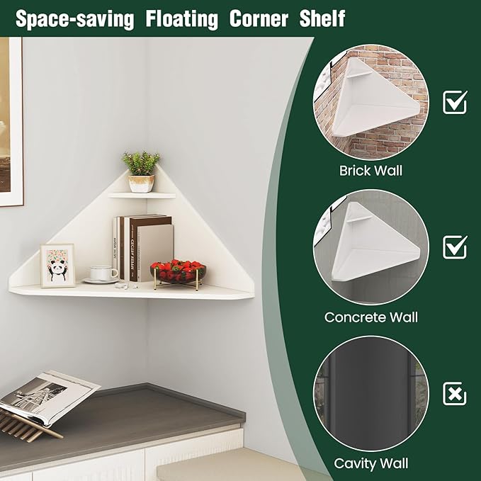 GOFLAME Floating Corner Desk Wall Mounted Triangular Computer Desk w/Storage Shelf Space-Saving Design 90° Wooden Floating Home Office Desk for Writing Working Studying (White)