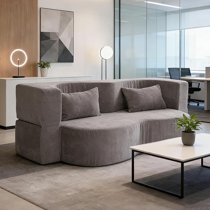 78.35 Loveseat Sofa Bed Modern 2-in-1 Convertible Curved Floor Love Seat Couch Teddy Fabric Memory Foam Cloud Couch with 2 Pillows No Assembly for Living Room Apartment Small Space (Grey)