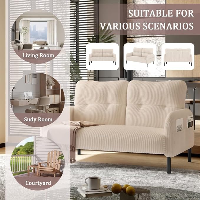 48 Small Loveseat Sofa for Small Space Corduroy Love Seat Couches with Black LegsComfy Couchs for Living Room Bedroom Apartment OfficeMid Century Modern Couch (Beige)