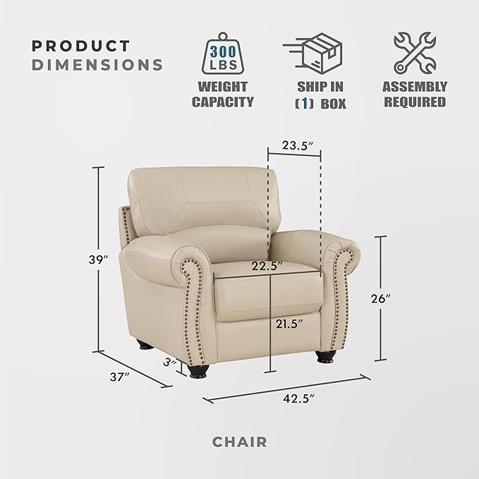 Lexicon Top Grain Leather Match Chair Accent Chairs for Living Room with Solid Wood Frame Rolled Armrest &amp Nailhead Trim Comfy Reading Chair for Bedroom Office Waiting Room Cream