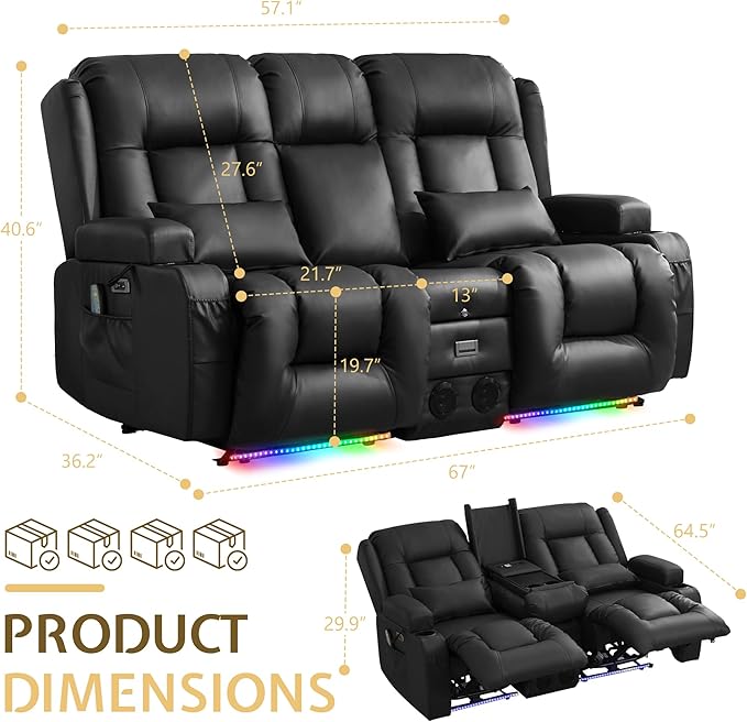URRED Power Reclining Loveseat Sofa with Console RV Couch Loveseat Recliner Sofa with Massage &amp Heat LED Light Cupholders Bluetooth Speakers USB Charge Ports Outlets Faux Leather Black