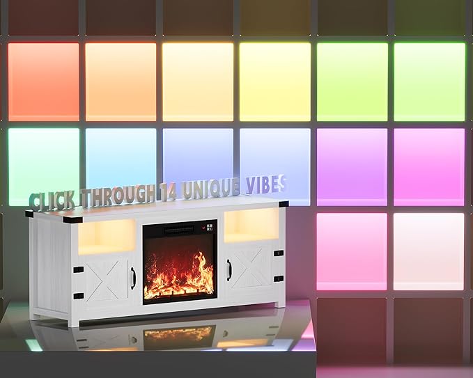 YESHOMY LED Fireplace TV Stand with Mood Lighting TV Cabinet with Open Shelf Farmhouse Media Console with Hidden Cable Routing Entertainment Center for Televisions up to 65+ Inch White