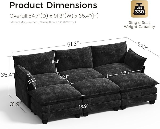 KKL 91.3 Large Modular Sectional Sofa Bed 6 Seater Convertible J/L-Shaped Sleeper Cloud Couch with Ottoman Chenille Sectional Couches for Living Room Apartment Black