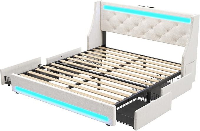 Rolanstar Full Bed Frame with LED Lights and Charging Station Upholstered Bed with Drawers Wooden Slats Noise Free Easy Assembly Beige