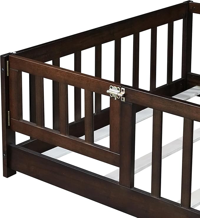 Bellemave Twin Floor Bed Frame with Slats and Safety Guardrail Wood Twin Size Montessori Floor Bed with Door and Fence Easy Assemble Montessori Beds for Kids Girls Boys Espresso