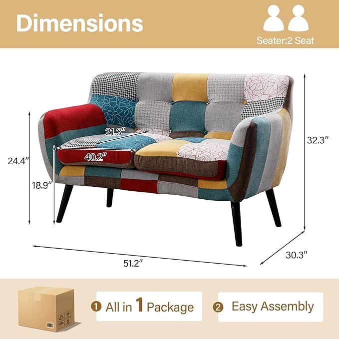 Bonzy Home Modern Boho Loveseat Couch Sofa Chair for Living Room Bedroom Upholstered Colorful Plaid Fabric 2-Seat Love Seat Sofa with Wood Leg for Small Space One Loveseat
