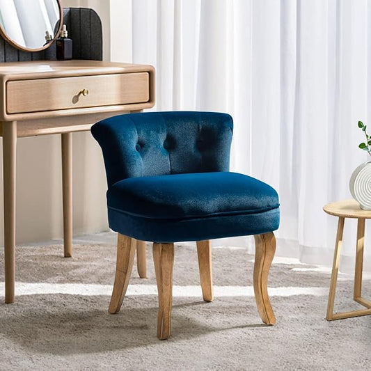 HULALA HOME Velvet Vanity Stool with Low Back Modern Vanity Chair with Solid Wood Legs Small Upholstered Makeup Chair Home Decor for Bedroom Living Room Dressing Table Women Girls Navy