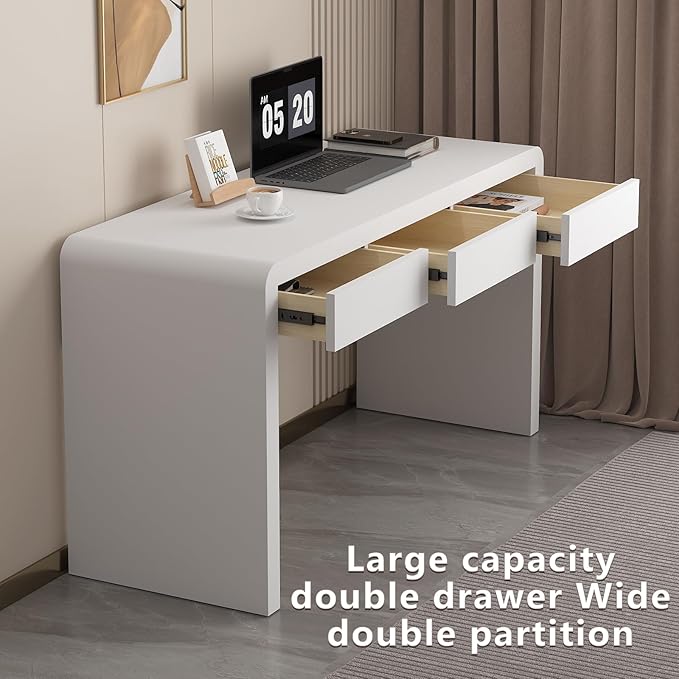 White Computer and Gaming Desk with Drawers.Home Office Desks for Bedroom.Wooden Kids' Writing Table.Three-Layer Lacquered Thick Wooden Board Work Desk That Can Be Used As A Vanity(Z-102)