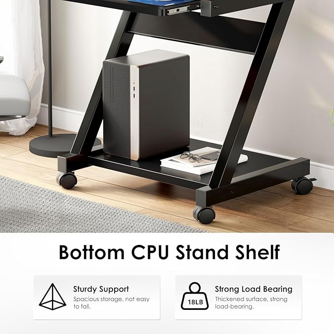 sogesfurniture Mobile Compact Computer Desk Cart for Small Spaces Portable Computer Desk Small Rolling Work Workstation for Home and Office with Printer Shelf Keyboard DrawersBlack