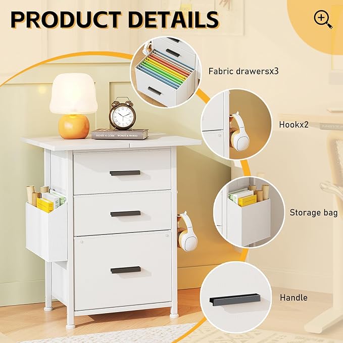 Mexin 3 Drawer File Cabinet with 24'' Extended Desktop Mobile Filing Cabinet Printer Stand Rolling Printer Stand with Side Bag Fabric Drawer Fits A4 Size Home Office White