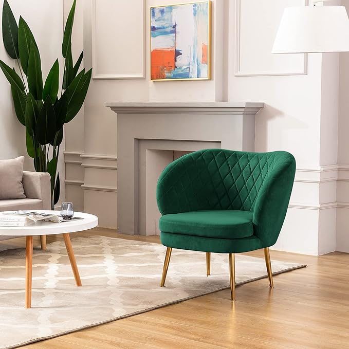 DUHOME Velvet Accent Chair with Barrel Backrest Upholstered Armchair Single Sofa for Living Room Bedroom Dining Room Dark Green