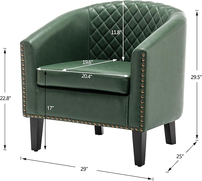 KINWELL 29 W Modern Faux Vegan Leather Barrel Chair PU Upholstered Tufted Accent Club Chairs with Nailhead Trim Small Armchair for Living Room Bedroom Apartment Lounge Nursery Green